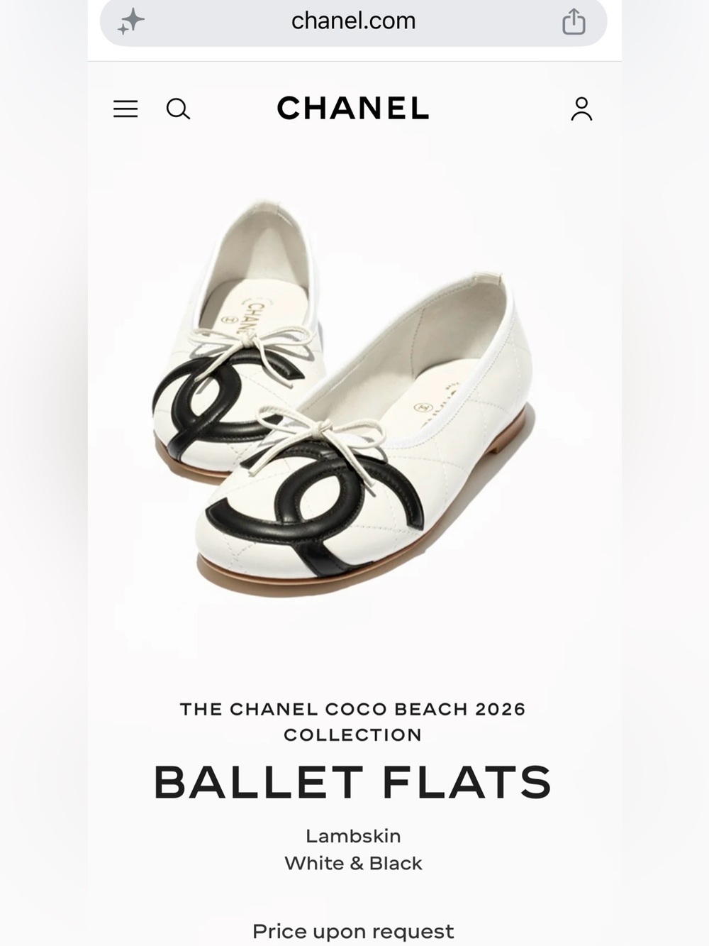CHANEL CAMBON COCO BEACH 26M BALLET FLATS WHITE LEATHER BLACK CC NEW SZ 38